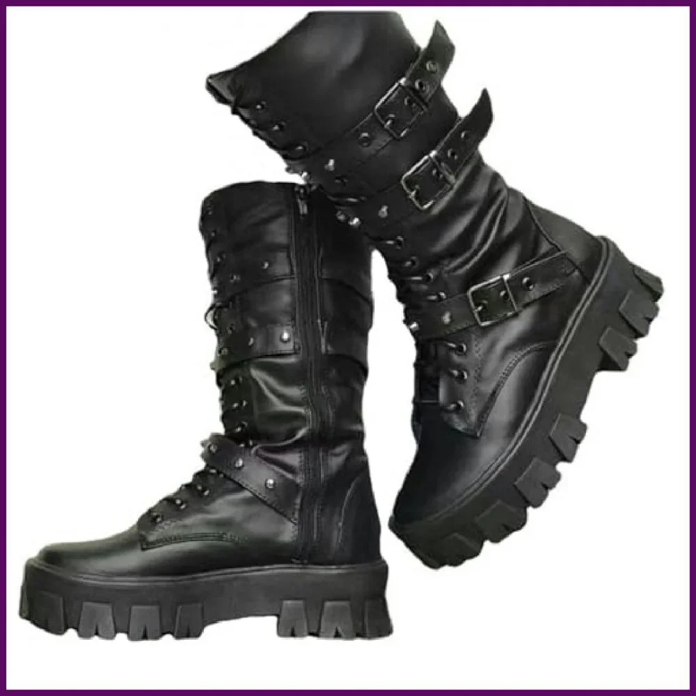 Women's Platform Combat Boots Chunky Heel Side Zip Lace Up Punk Ankle Booties - Picture 2 of 7